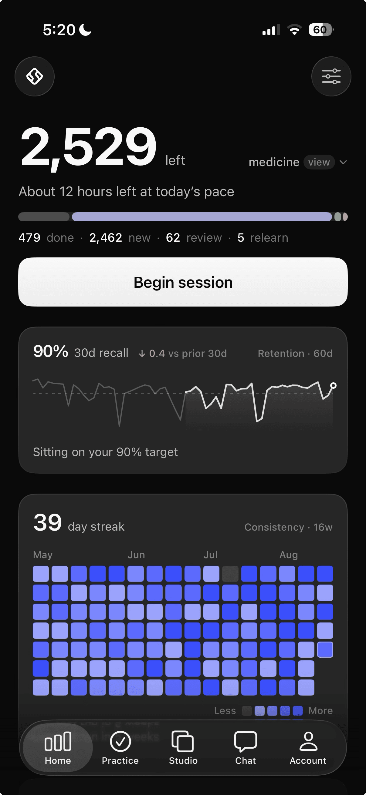 Complement’s iPhone dashboard with a study queue, recall chart, and study streak.
